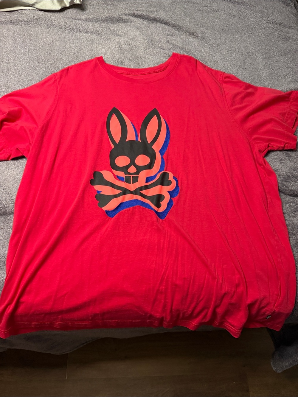 Psycho Bunny Red Tee with Black & Blue Bunny Skull Graphic